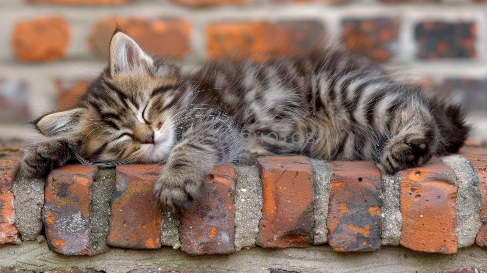 A small kitten sleeping on a brick wall with bricks around it