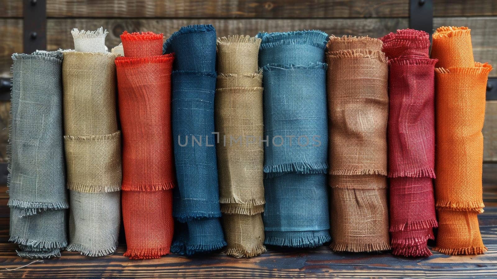 A stack of different colored cloths on a wooden table