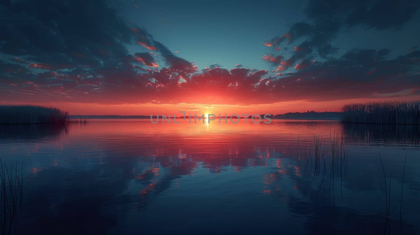A sunset over a calm body of water with grasses and trees, AI by starush