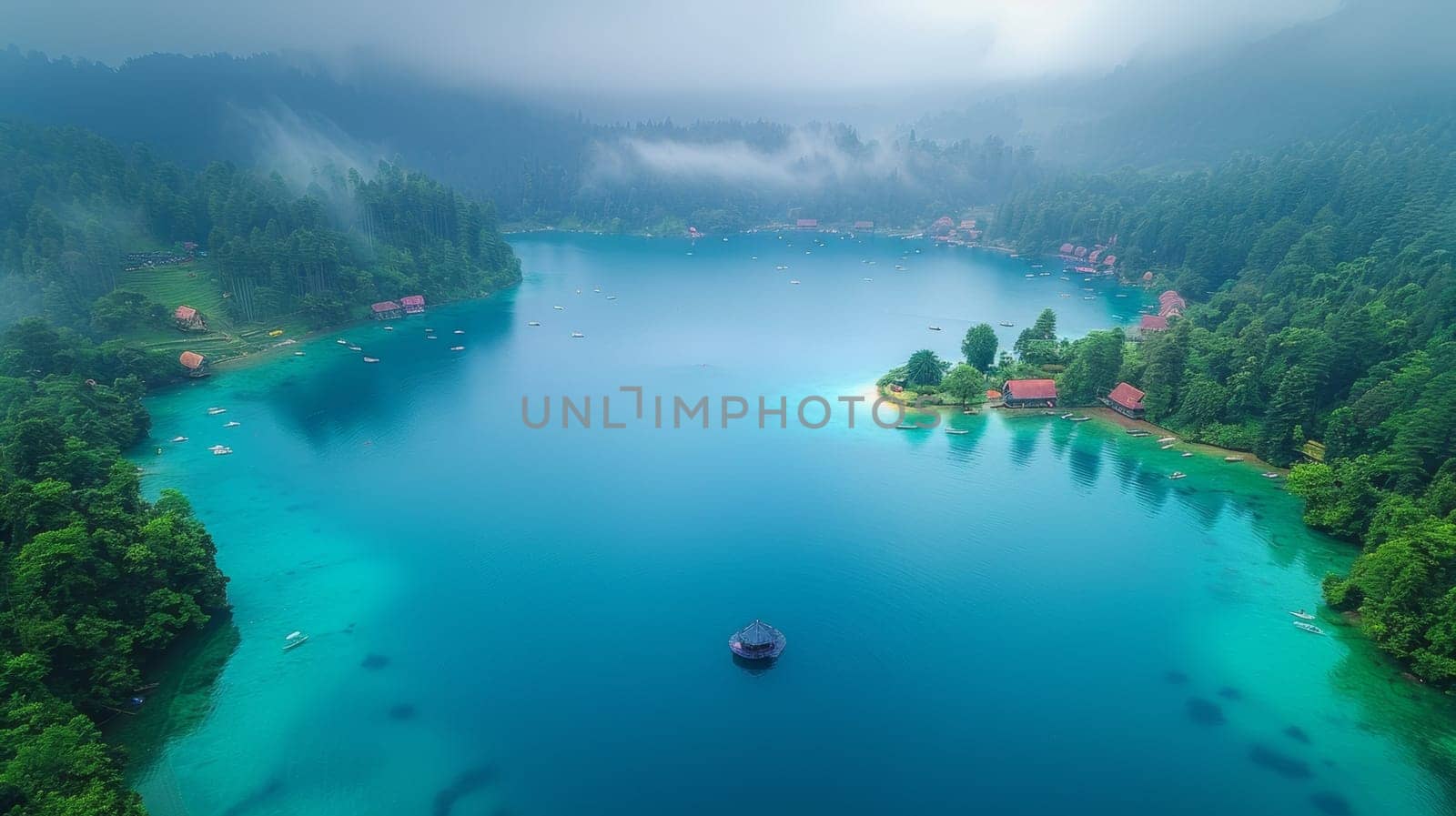 A boat is floating in a lake surrounded by trees