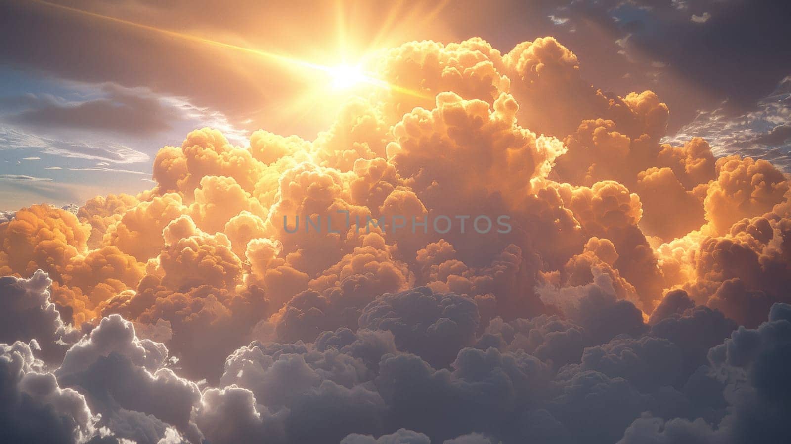 A bright sun shining through a cloud filled sky, AI by starush