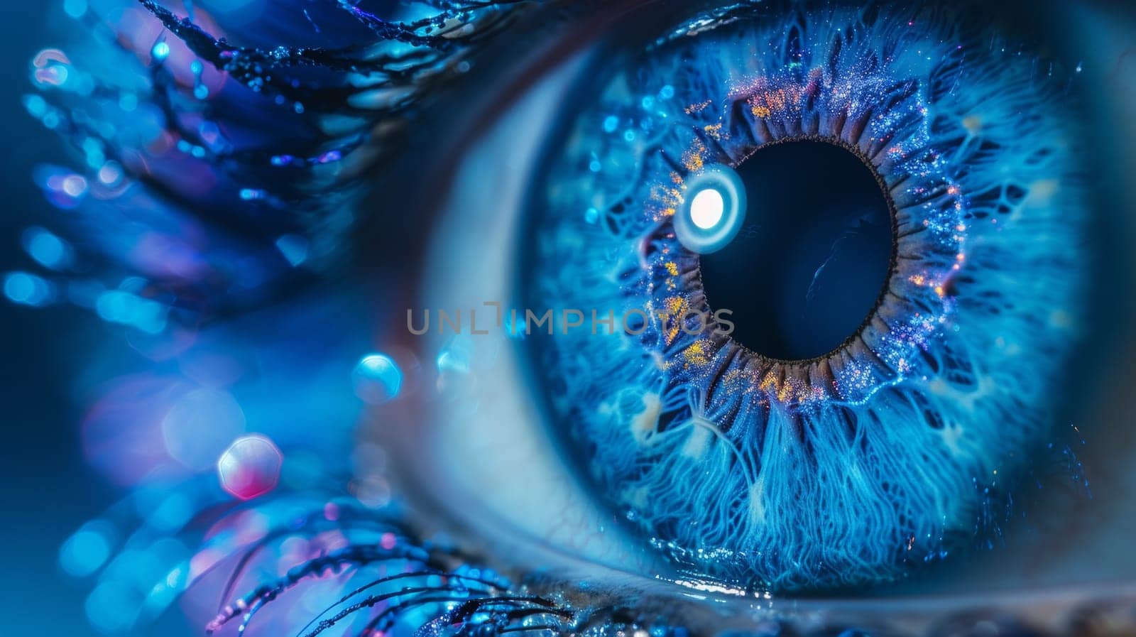 A close up of a blue eye with sparkles in it