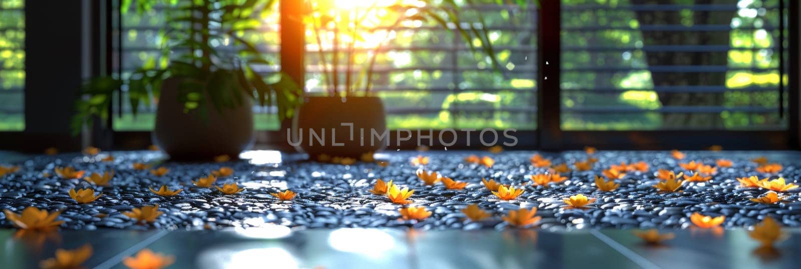 A potted plants on a floor with orange flowers and leaves, AI by starush