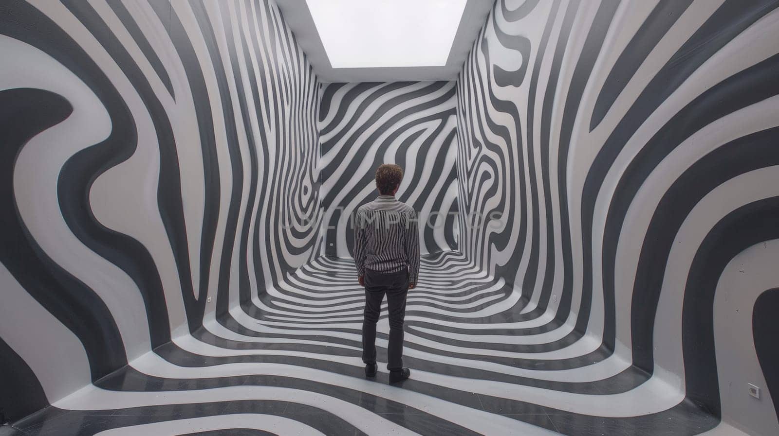 A man standing in a room with black and white stripes