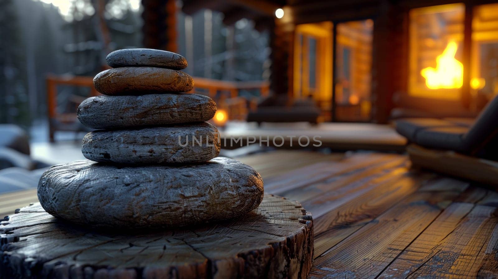 A stack of rocks sitting on top a wooden stump, AI by starush