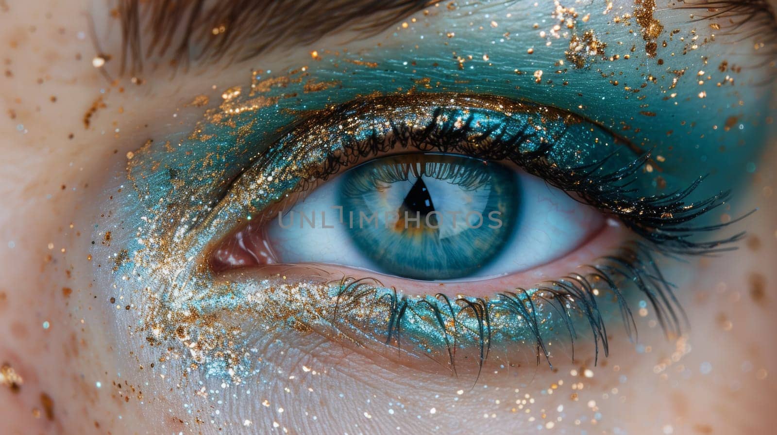 A close up of a woman's eye with glitter on it
