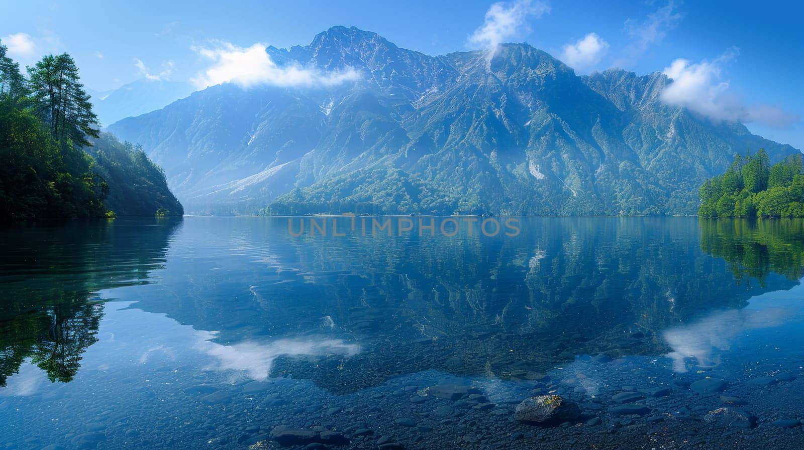 A mountain range with a lake in the middle of it, AI by starush