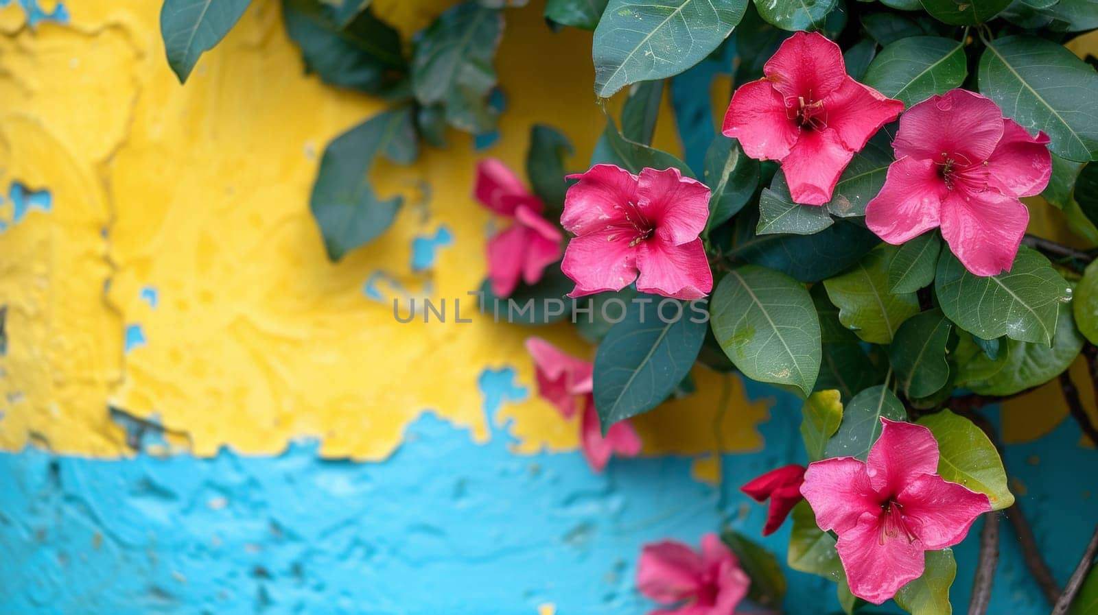 A close up of a flower with green leaves and pink petals, AI by starush