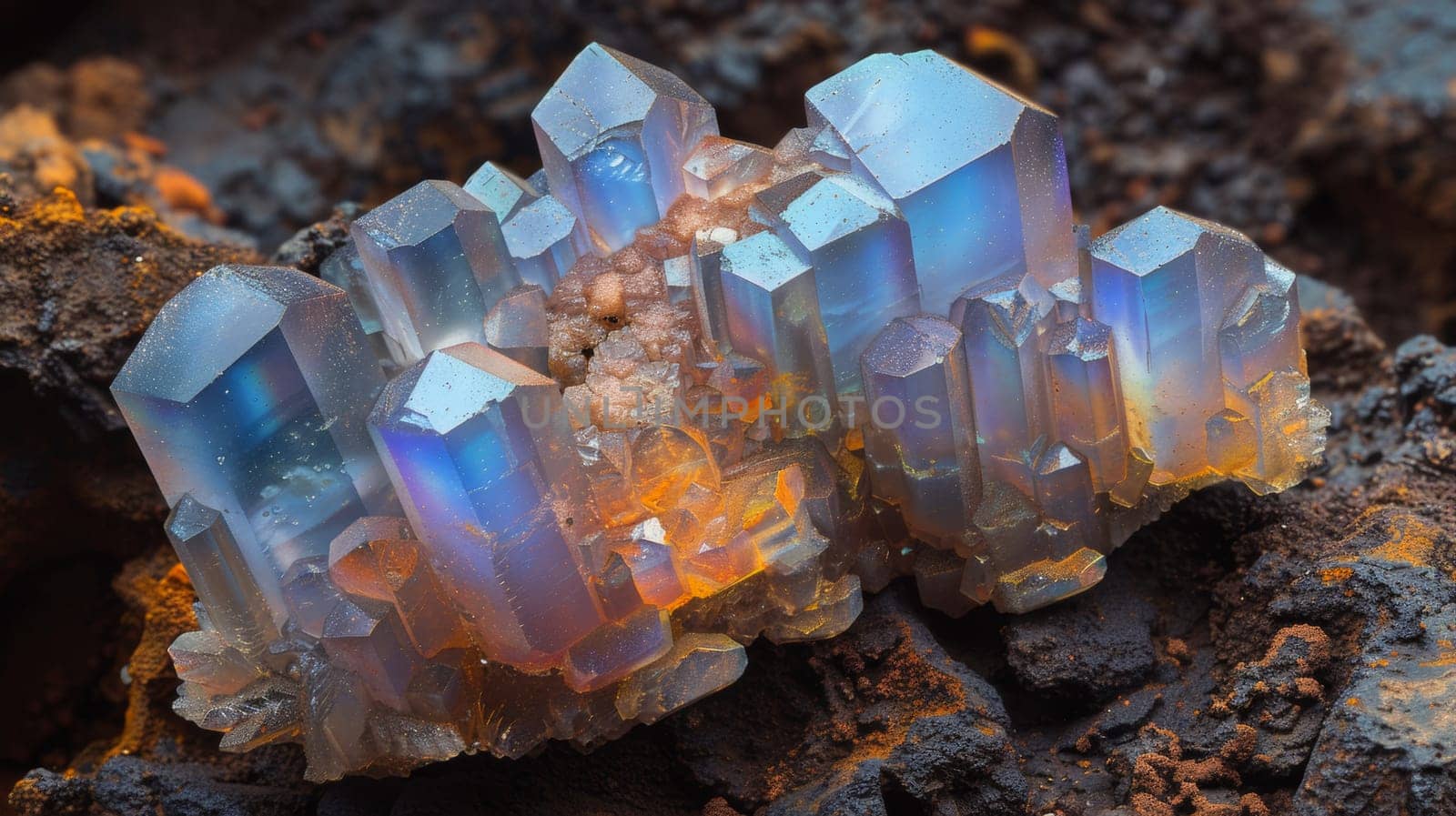 A close up of a crystal cluster on the ground