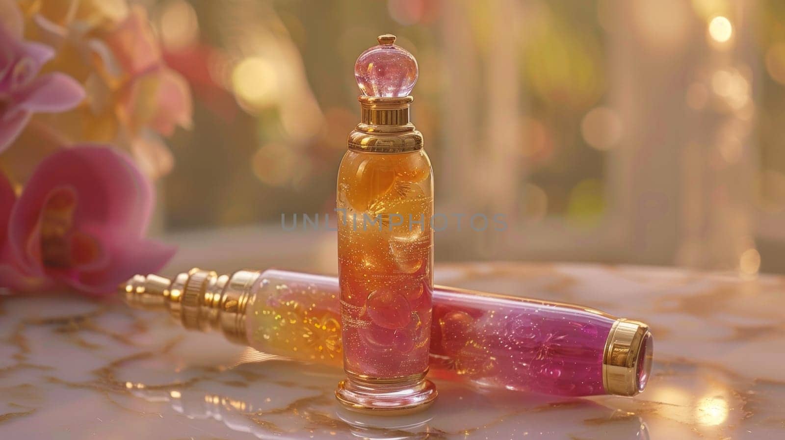 Two perfume bottles on a table with flowers in the background