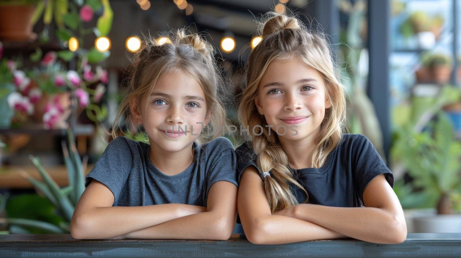 Two young girls posing for a picture with their arms crossed, AI by starush