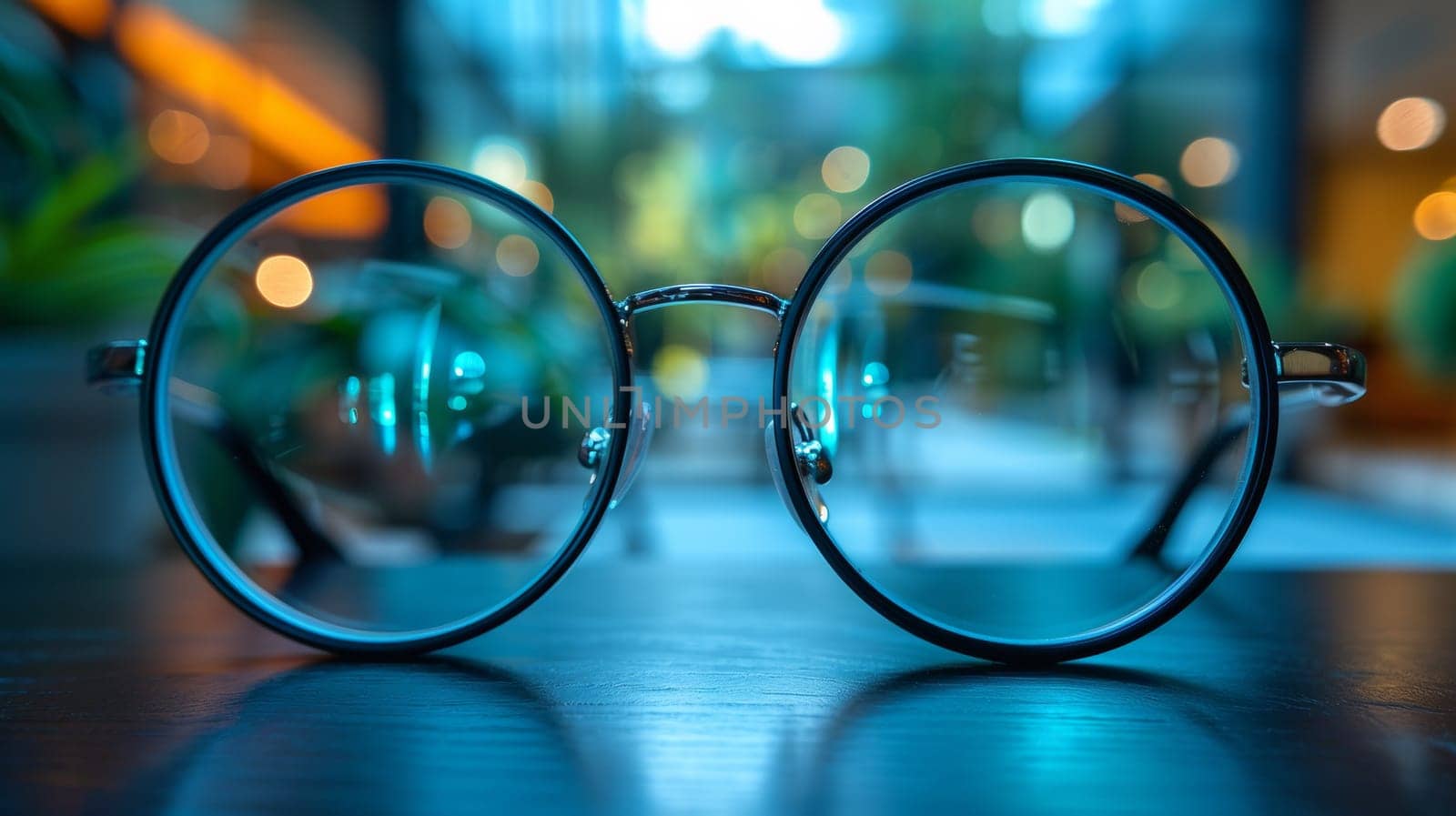 A close up of a pair of glasses sitting on top of a table, AI by starush