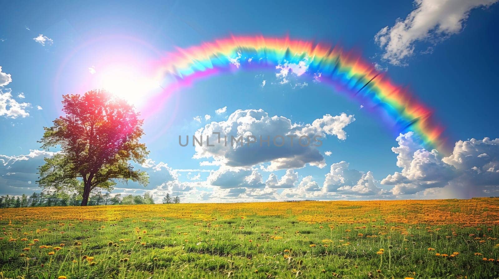 A rainbow is seen in the sky over a field