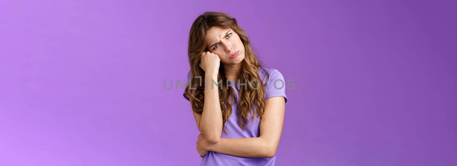 Moody sulking cute girlfriend showing attitude tilt head lean fist frowning pouting hold breath not speak offended exress insult disapproval standing upset gloomy whining boredom purple background by Benzoix