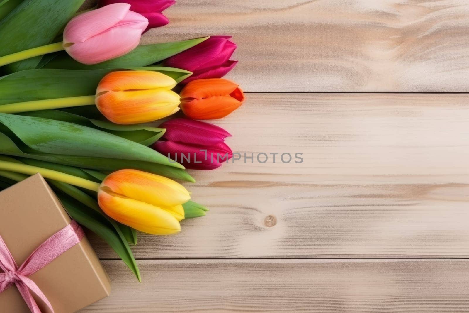 Tulips presents on table. Nature floral card. Generate Ai