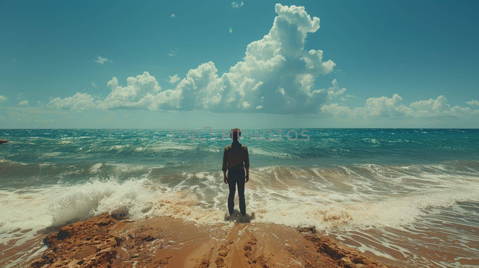 A man standing on a beach looking out to the ocean, AI by starush