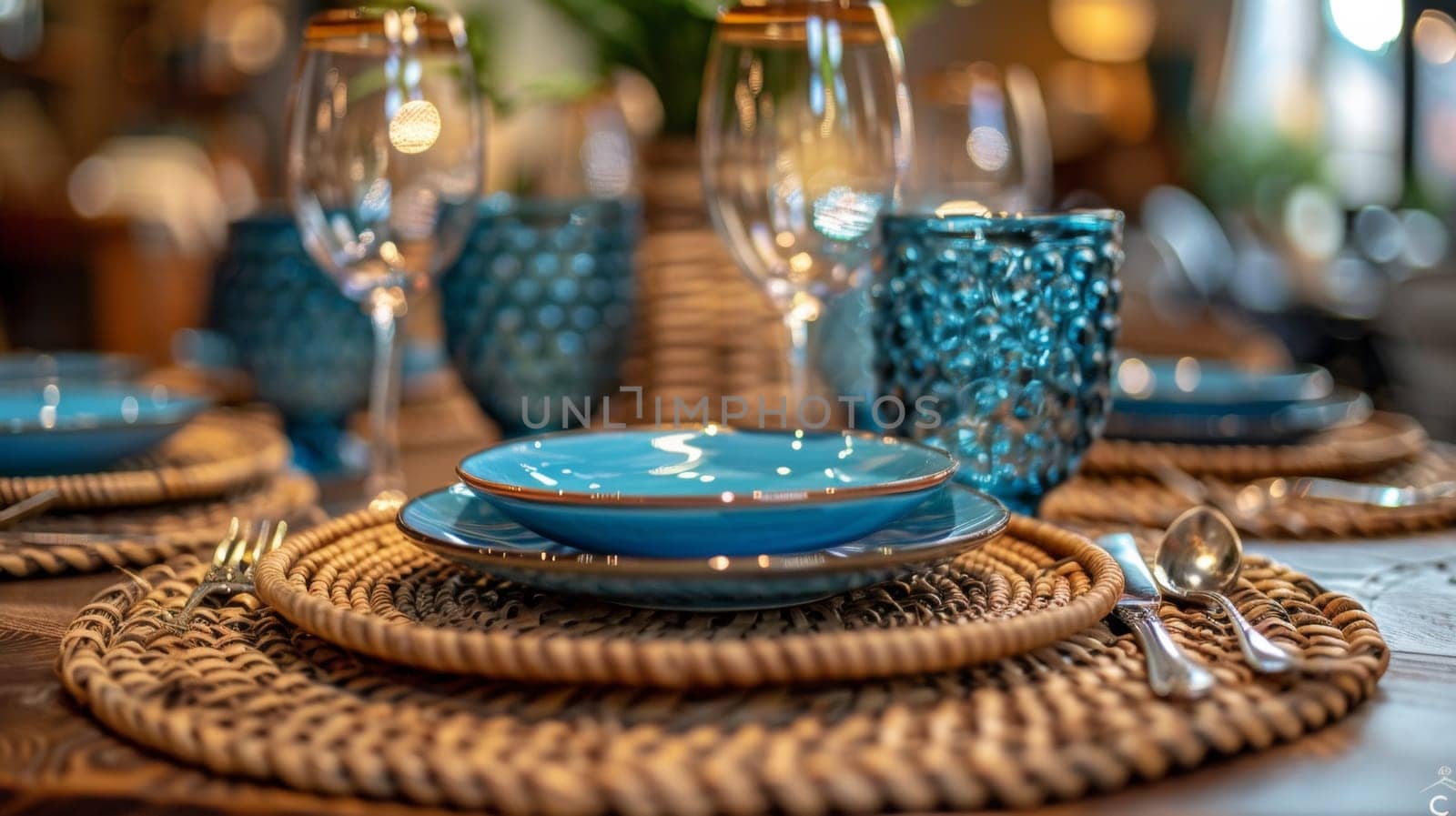 A table setting with blue plates and glasses on a woven mat