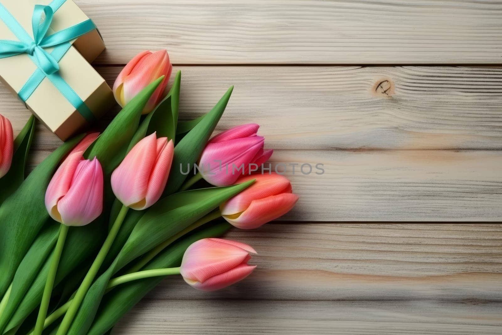 Tulips presents on wood table. Pink flower. Generate Ai