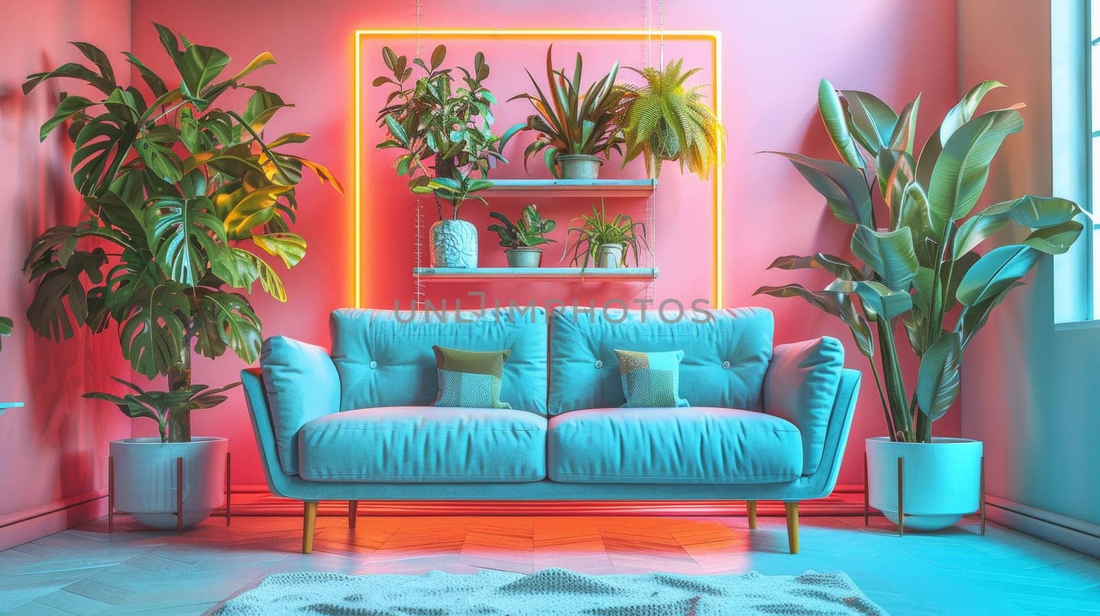 A blue couch in a pink room with plants on the wall