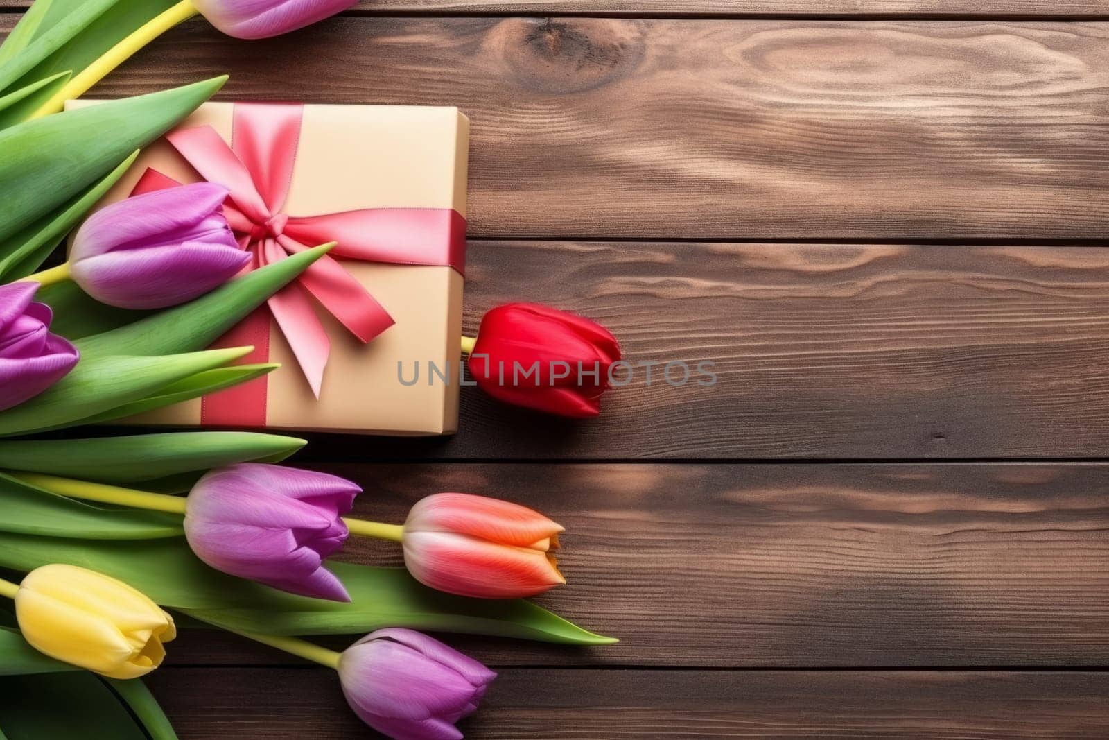 Tulips presents on home table. Pink floral. Generate Ai