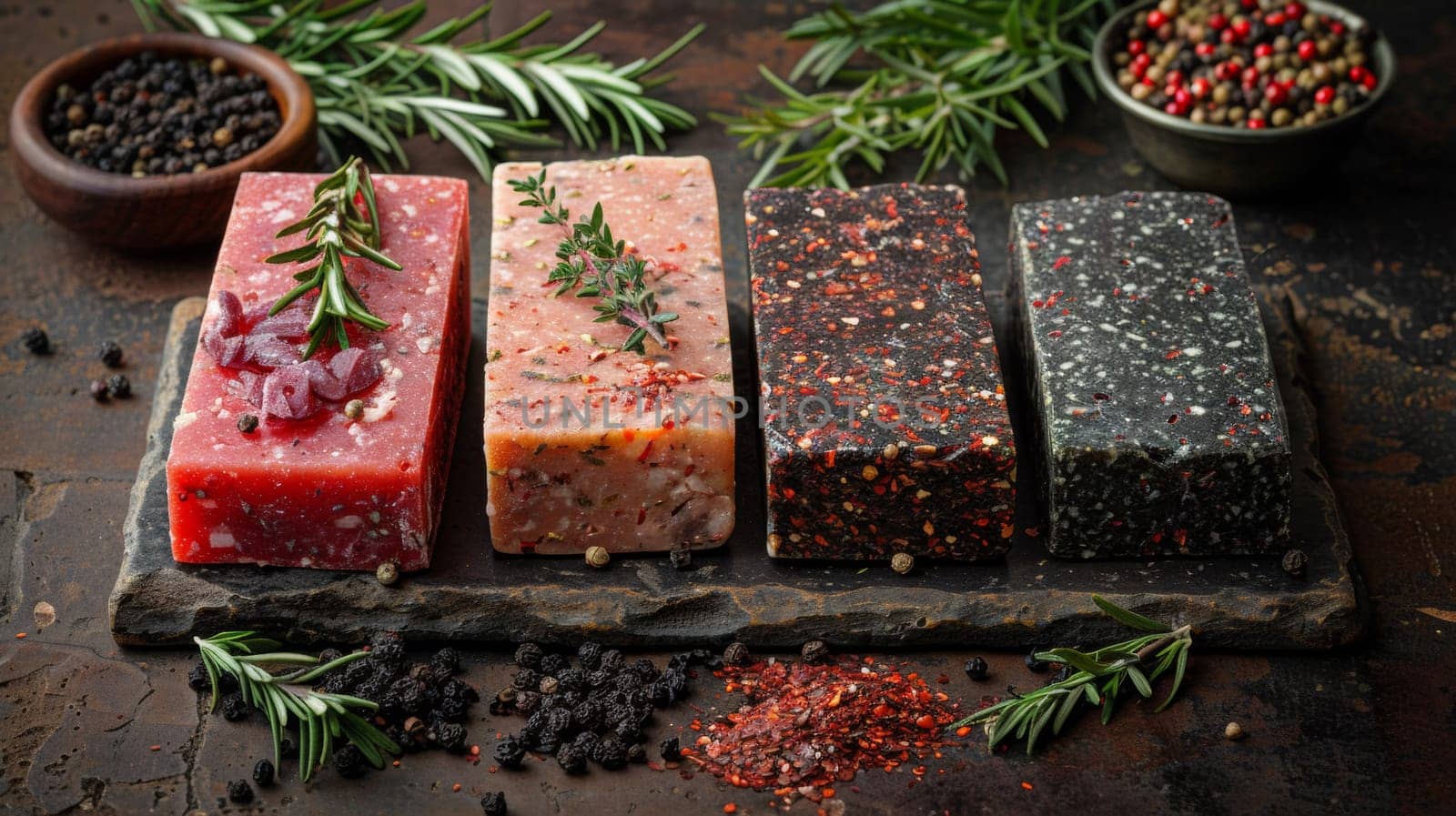 A group of three different types of soap sitting on a table