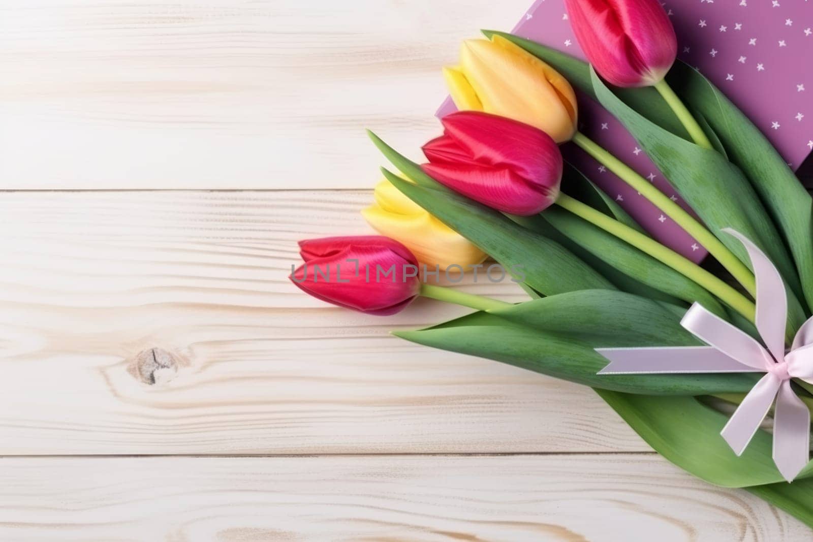 Tulips presents on table spring card. Generate Ai by ylivdesign