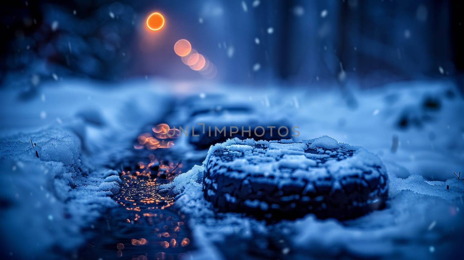 A row of tires are covered in snow and lit up by the sun