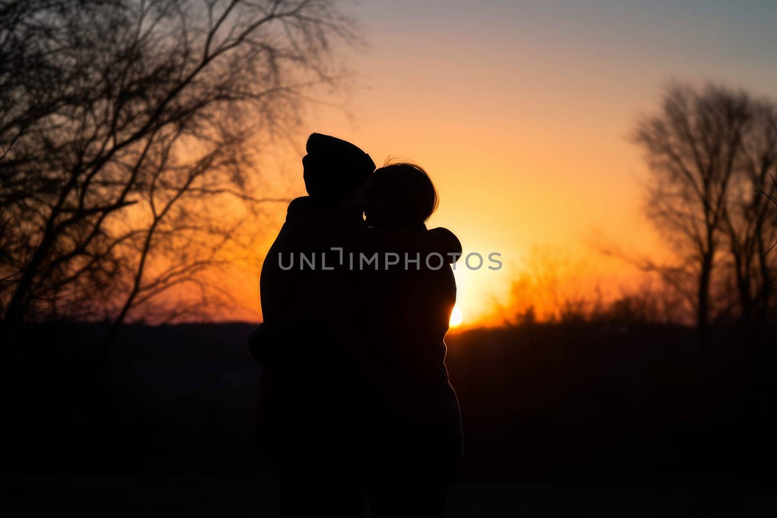 Two people hugging in sunset. Romance nature. Fictional person. Generate Ai