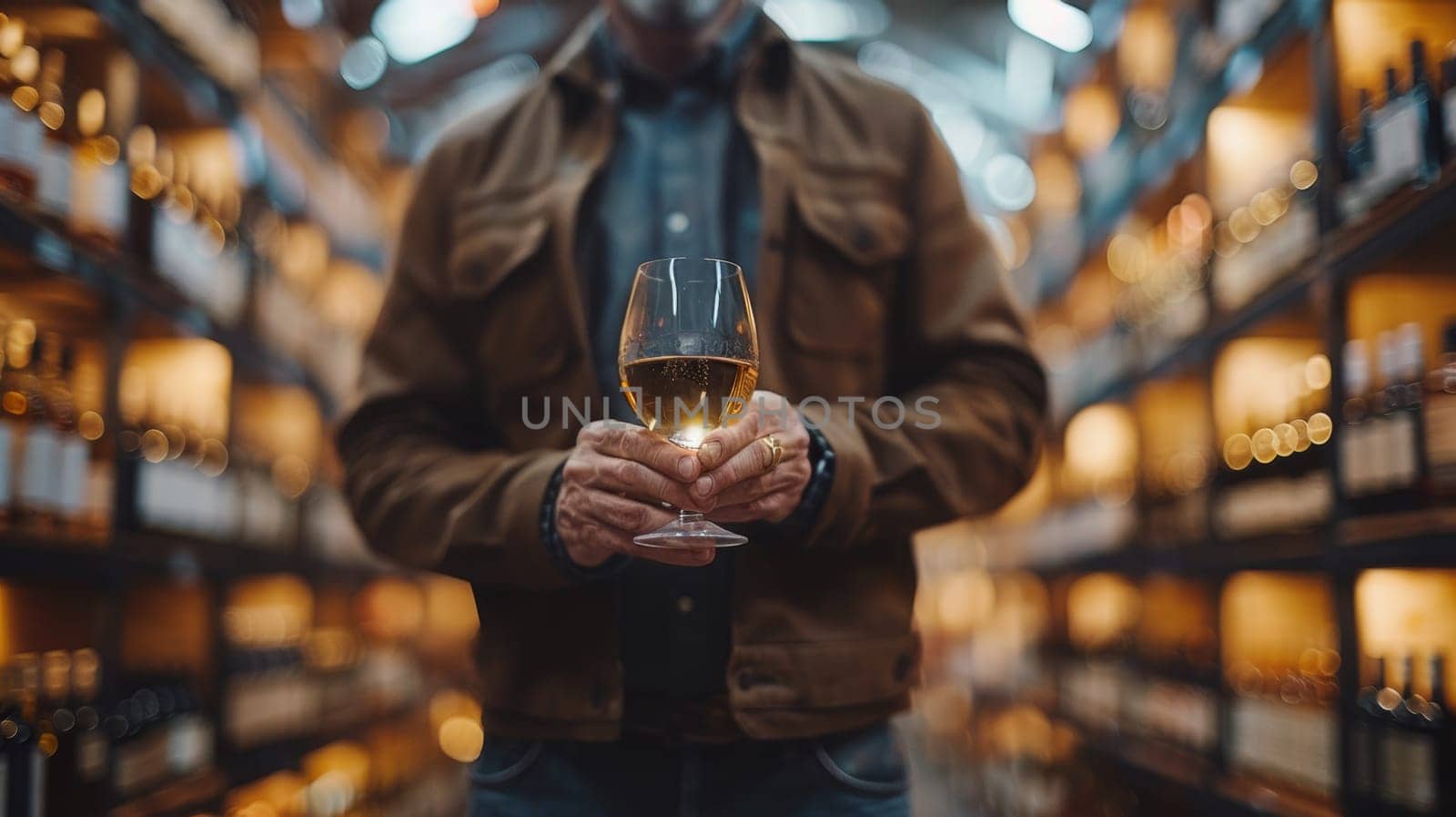 A man holding a glass of wine in front of shelves filled with bottles, AI by starush