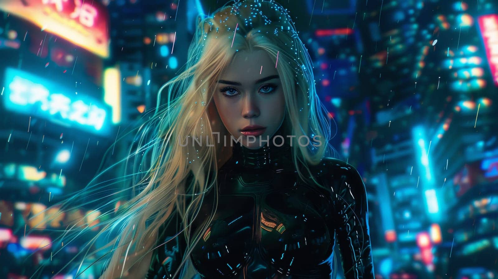 A woman with blonde hair in a futuristic city at night, AI by starush