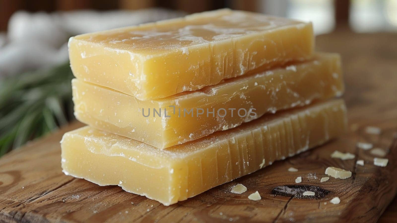 A stack of three bars sitting on top of a wooden cutting board, AI by starush