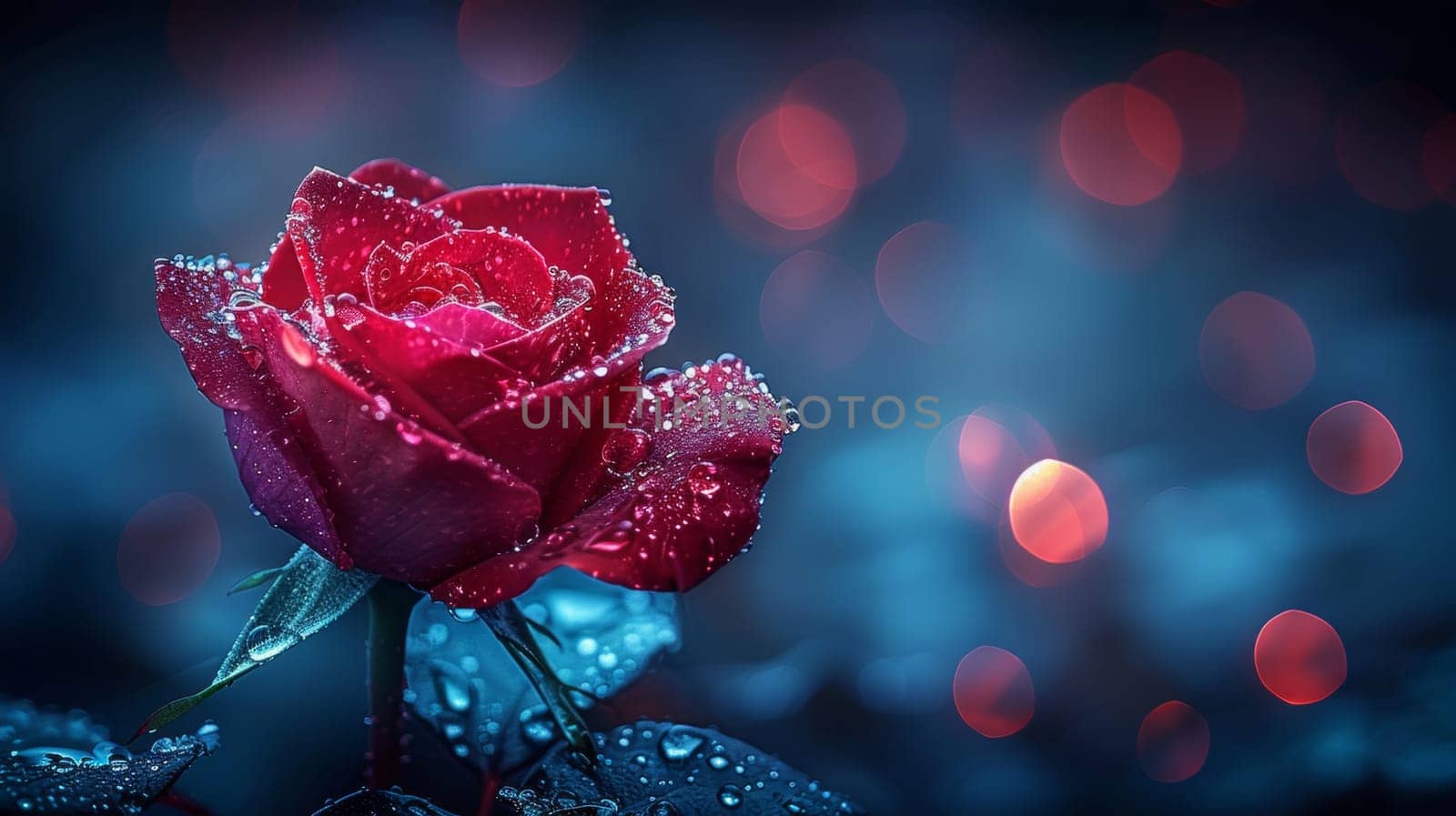 A red rose with water droplets on it is shown, AI by starush