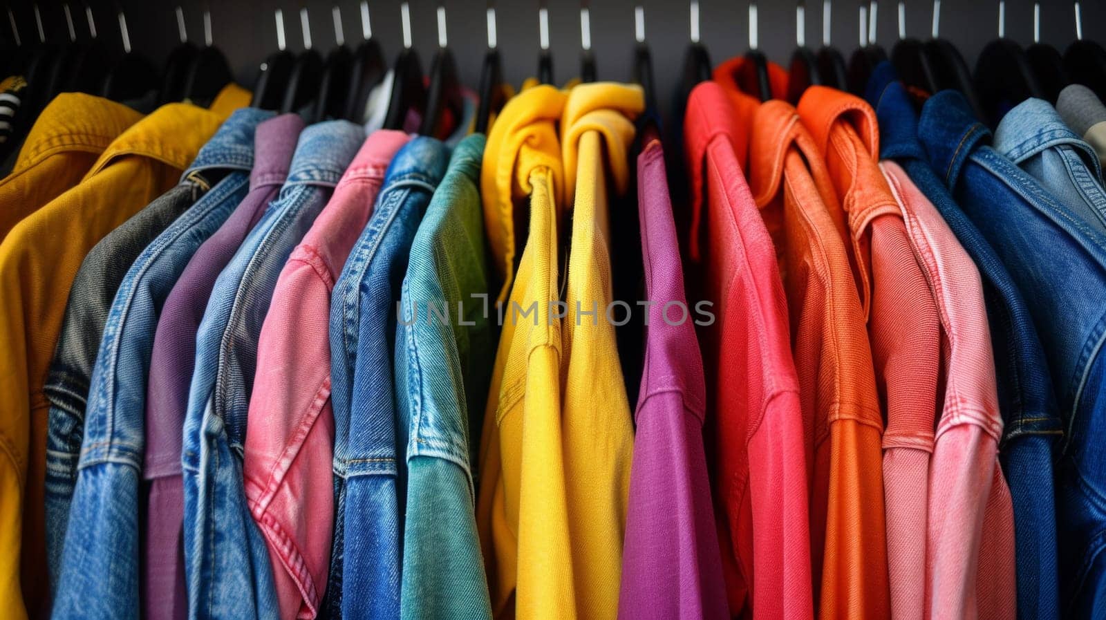 A rack of clothes hanging on a hanger with different colored shirts