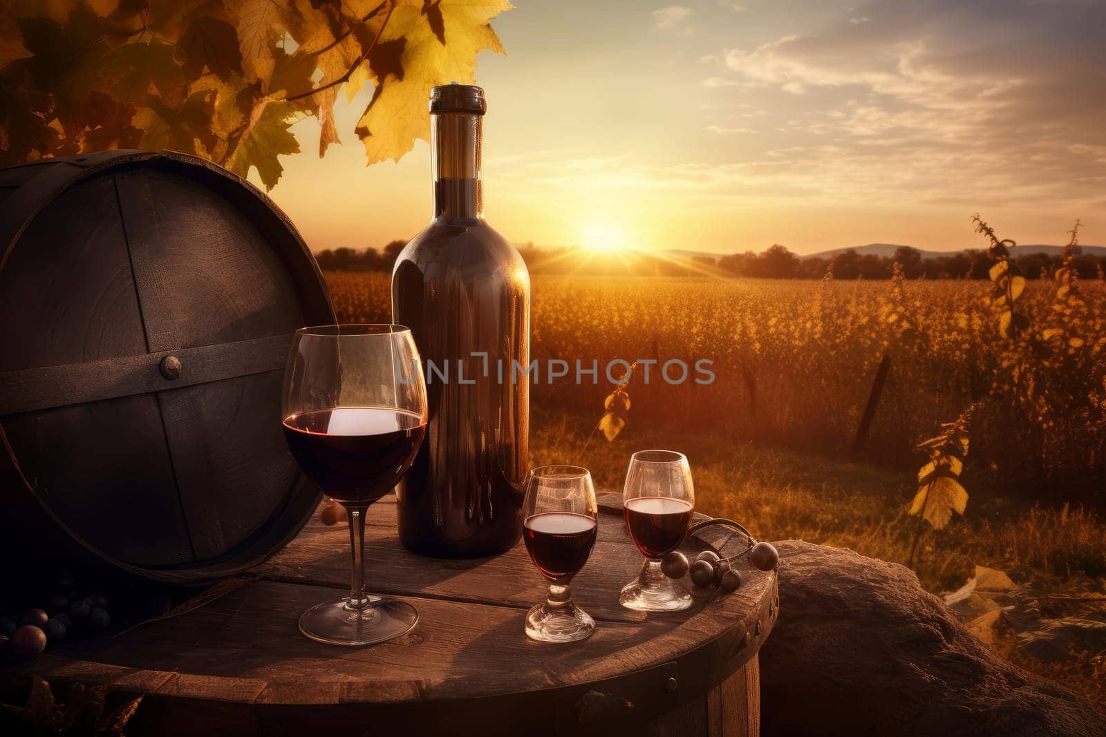 Vineyard wine bottle. Grape alcohol. Generate Ai