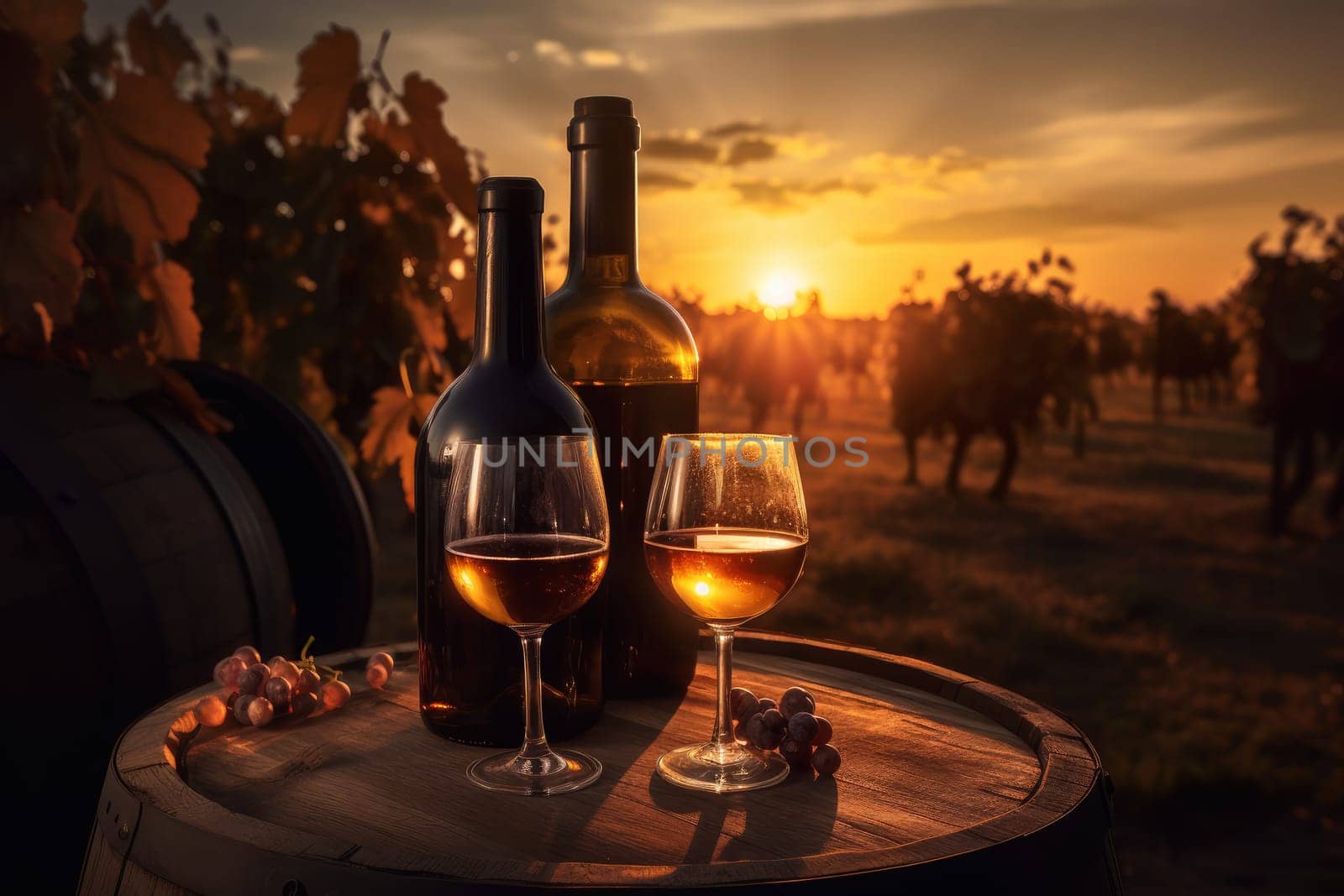 Vineyard wine bottle in sunset. Wood nature. Generate Ai