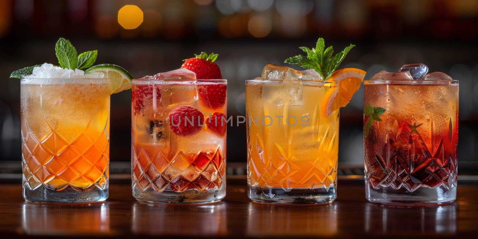 Three different drinks are lined up on a bar