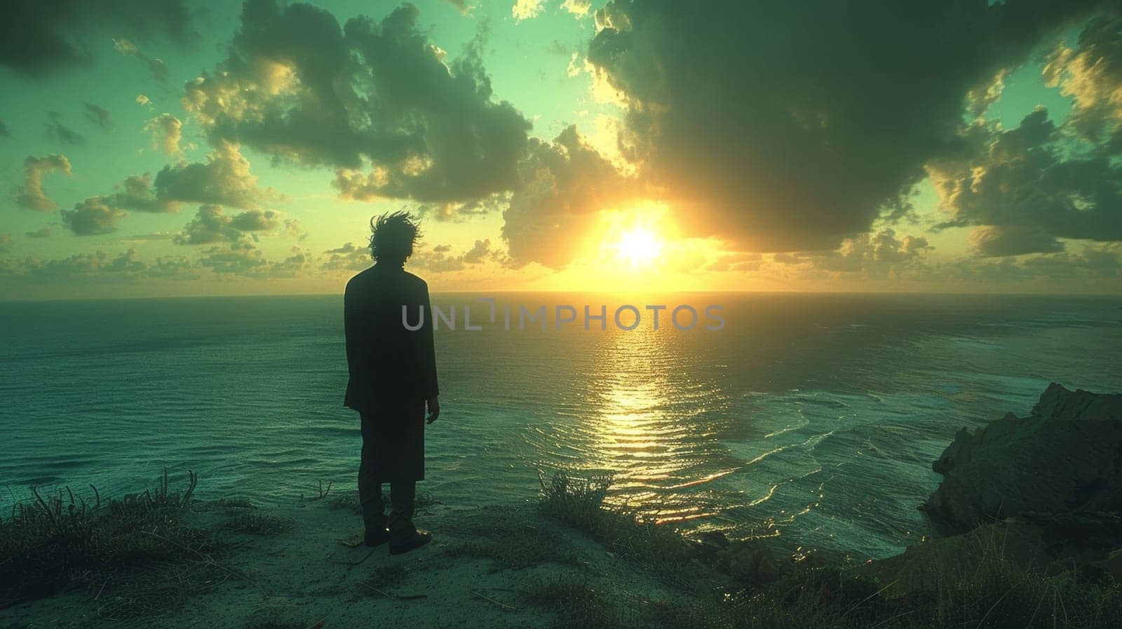 A man standing on a cliff overlooking the ocean at sunset