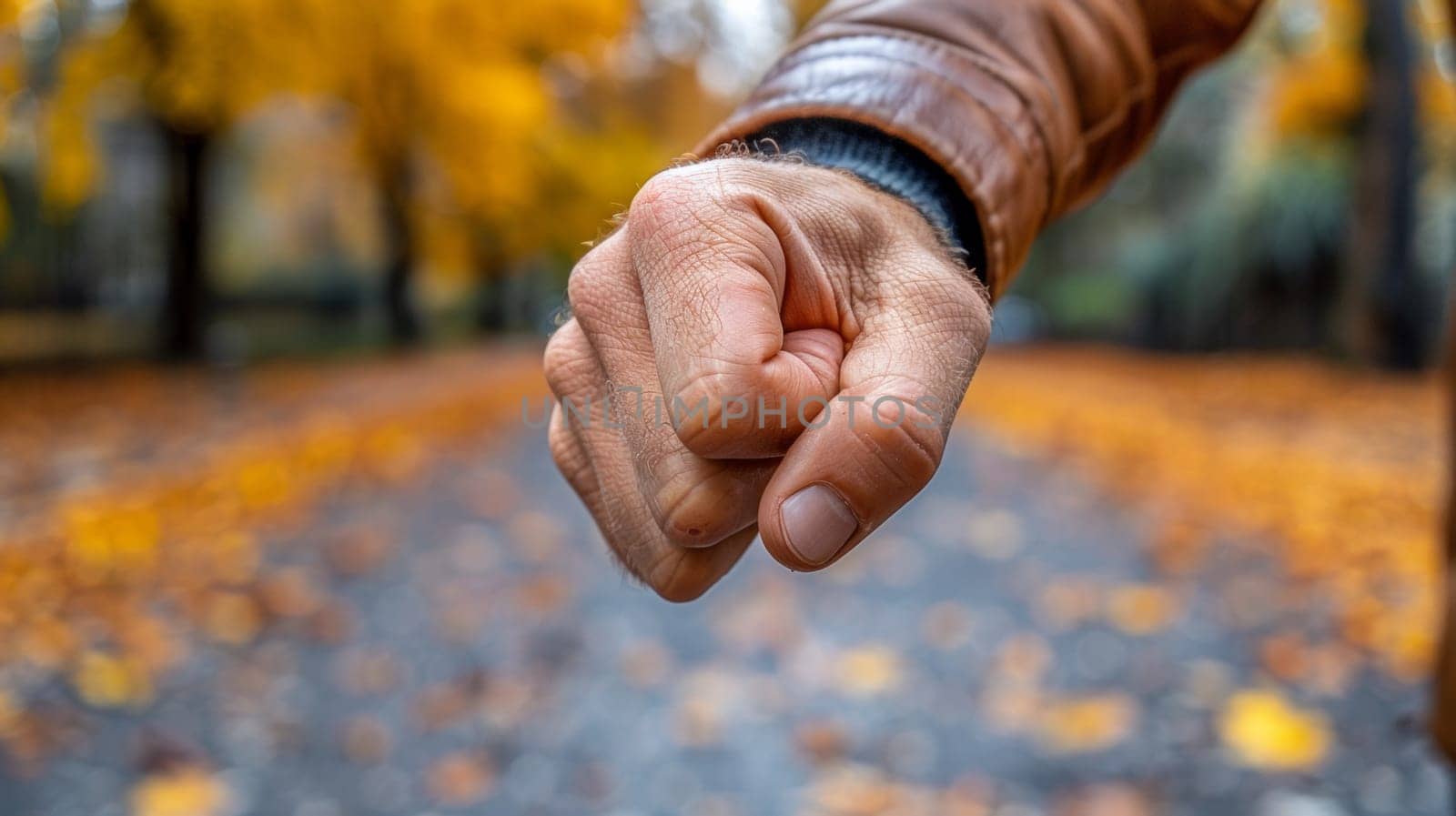 A man in a brown jacket pointing at something on the ground