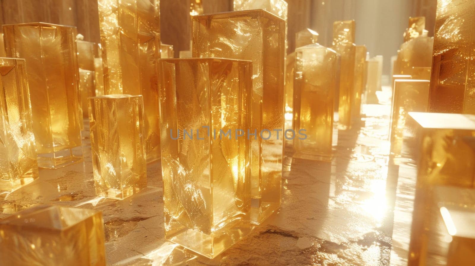 A bunch of golden blocks are sitting on a table