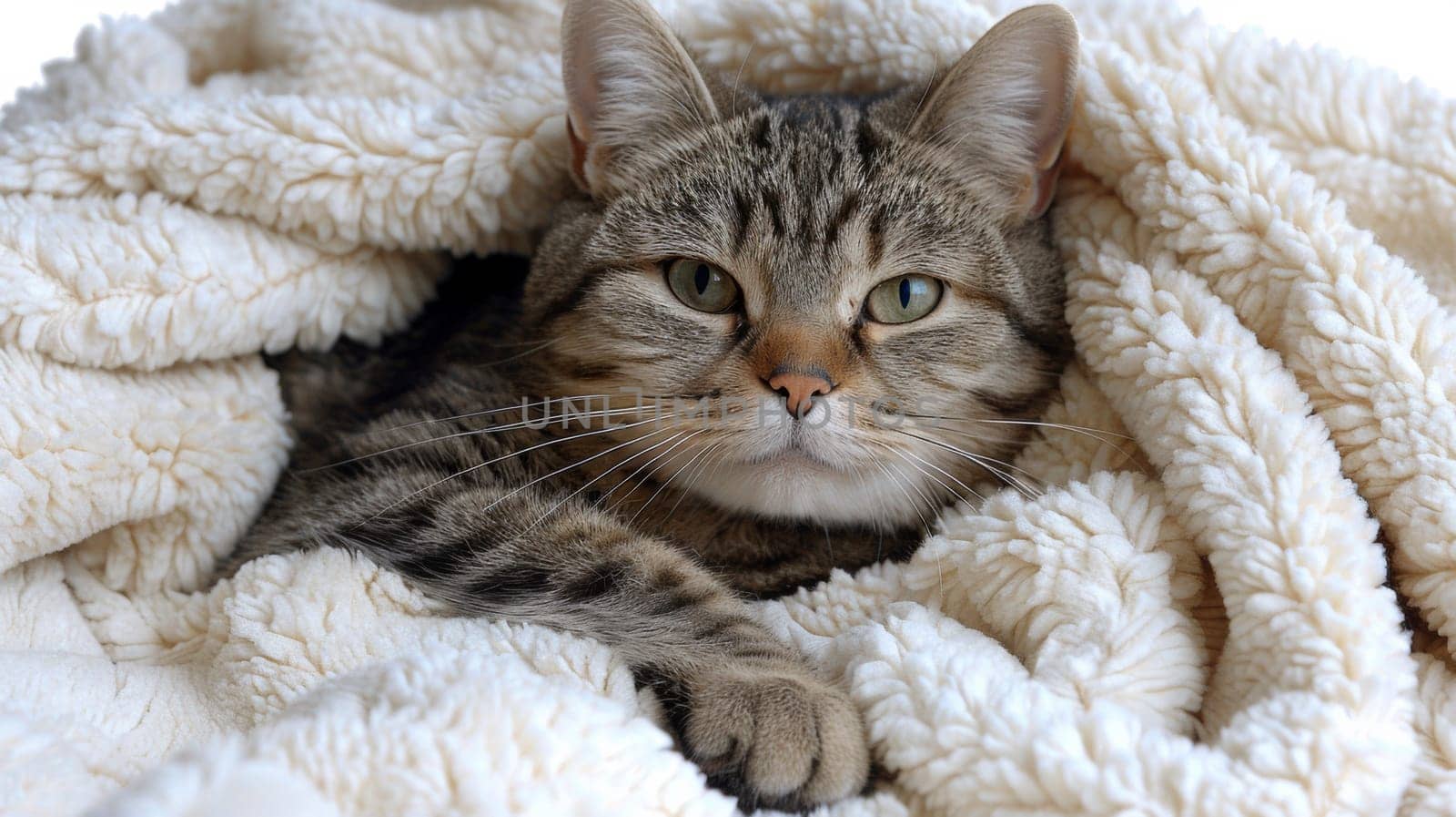 A cat laying on a blanket with its eyes closed
