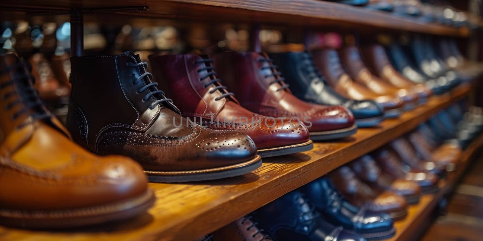 A row of shoes on a shelf in the store