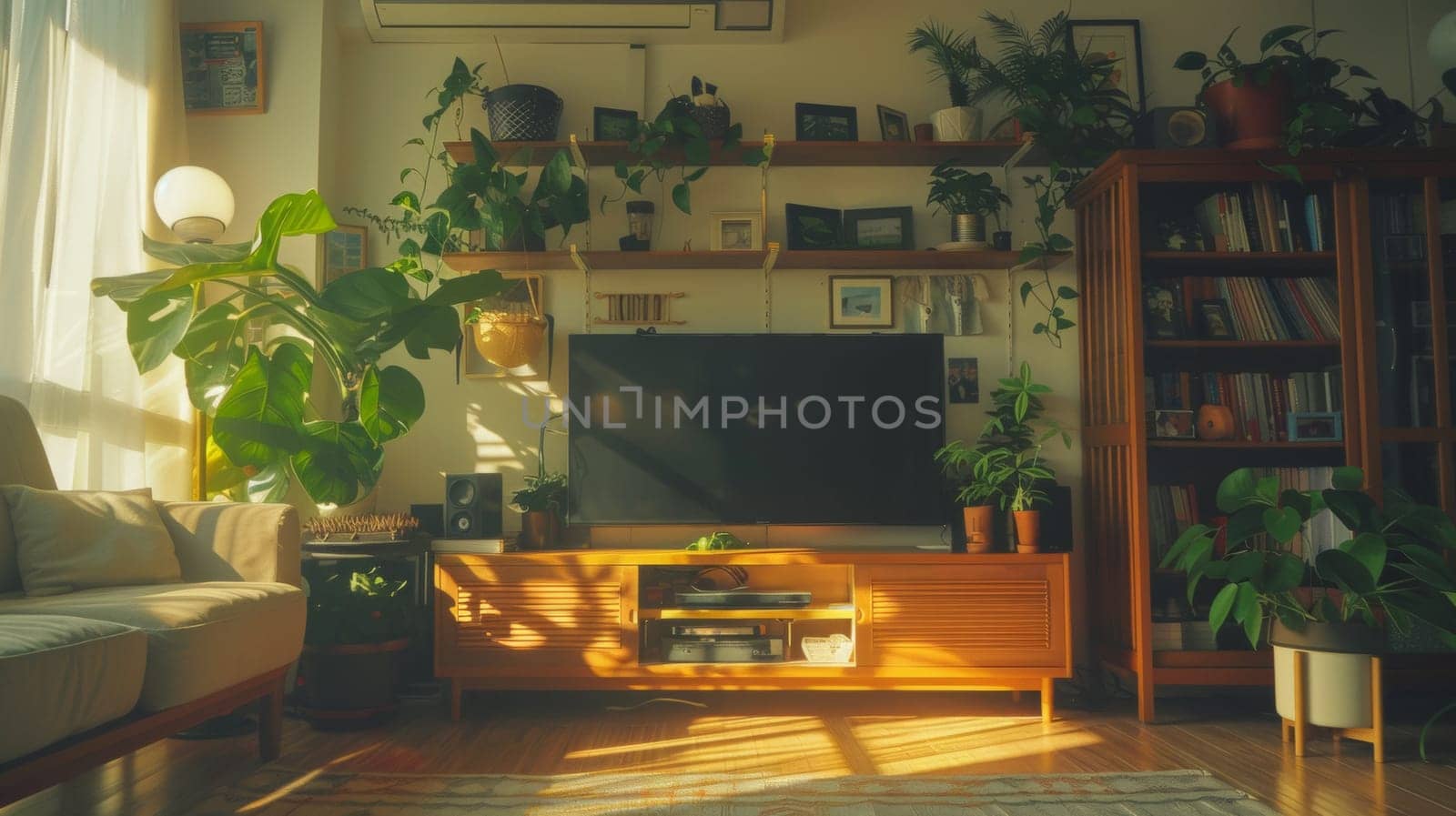 A living room with a tv and plants on the wall