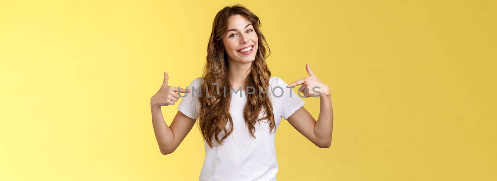 If you want professional its me. Sassy good-looking confident outgoing young woman introduce herself bragging own accomplishments pointing her chest smiling satisfied yellow background by Benzoix