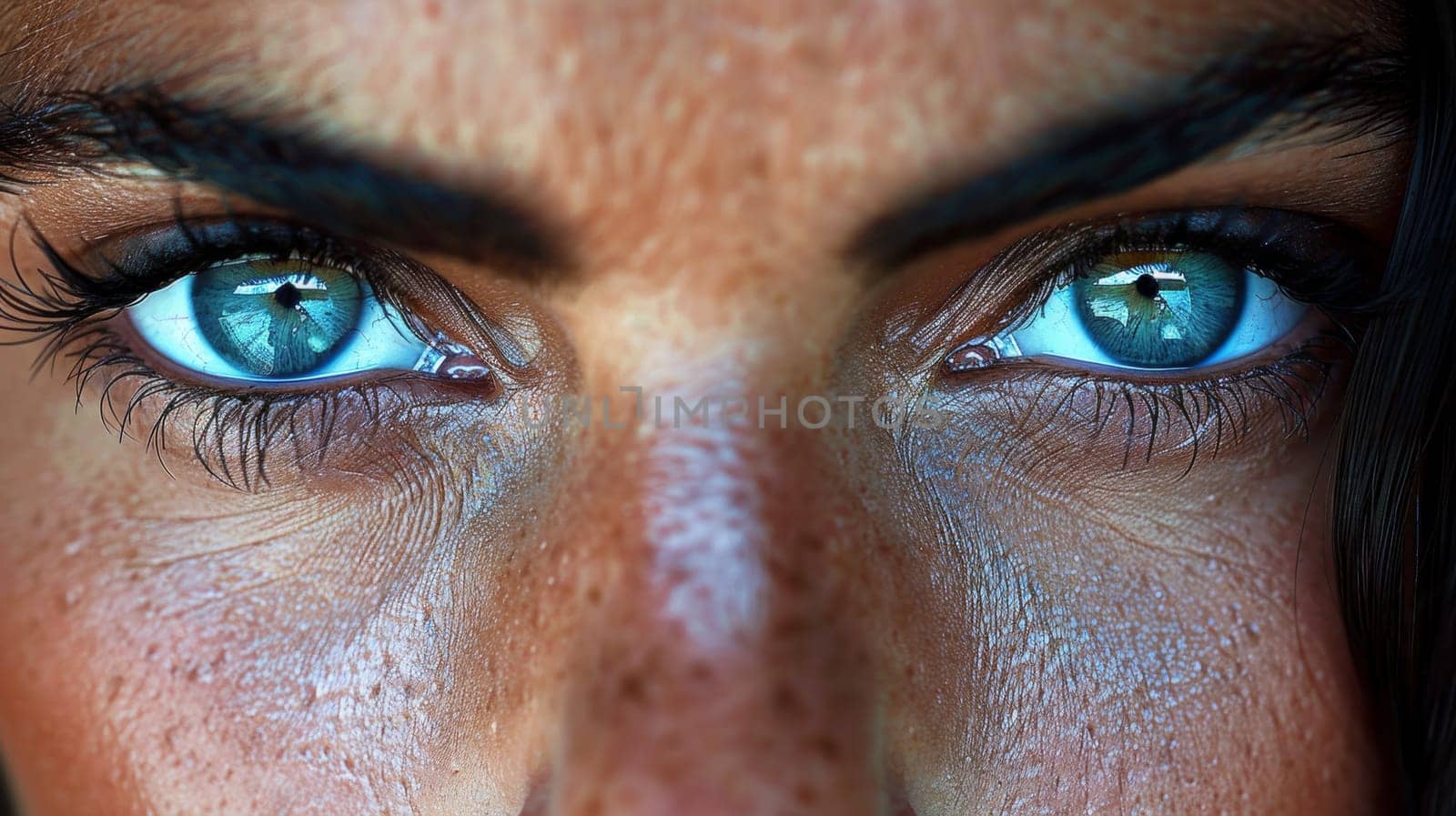 A close up of a woman's face with blue eyes, AI by starush