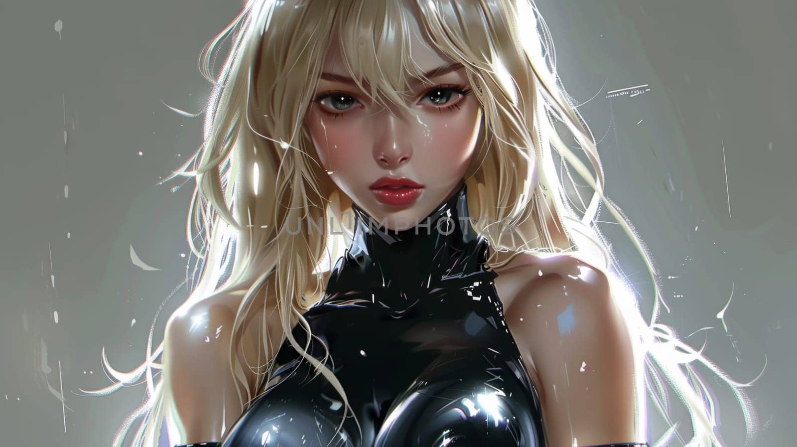 A beautiful woman in a black latex outfit with blonde hair, AI by starush