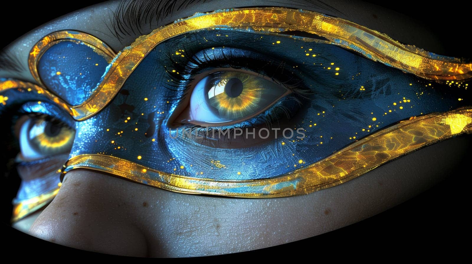 A close up of a woman's face with blue and gold eyes