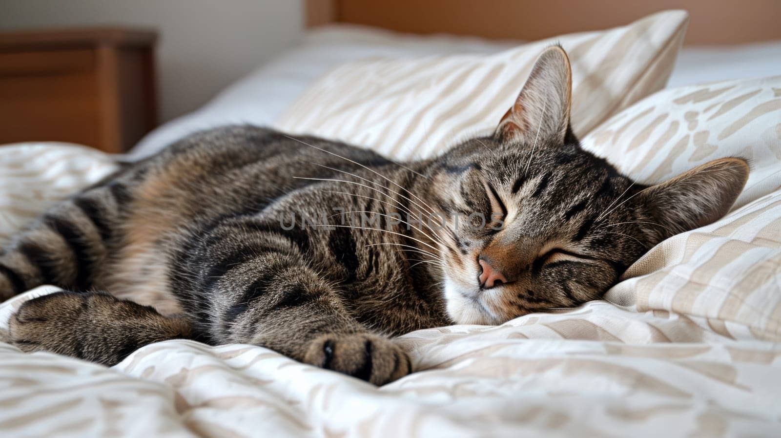 A cat sleeping on a bed with its eyes closed, AI by starush