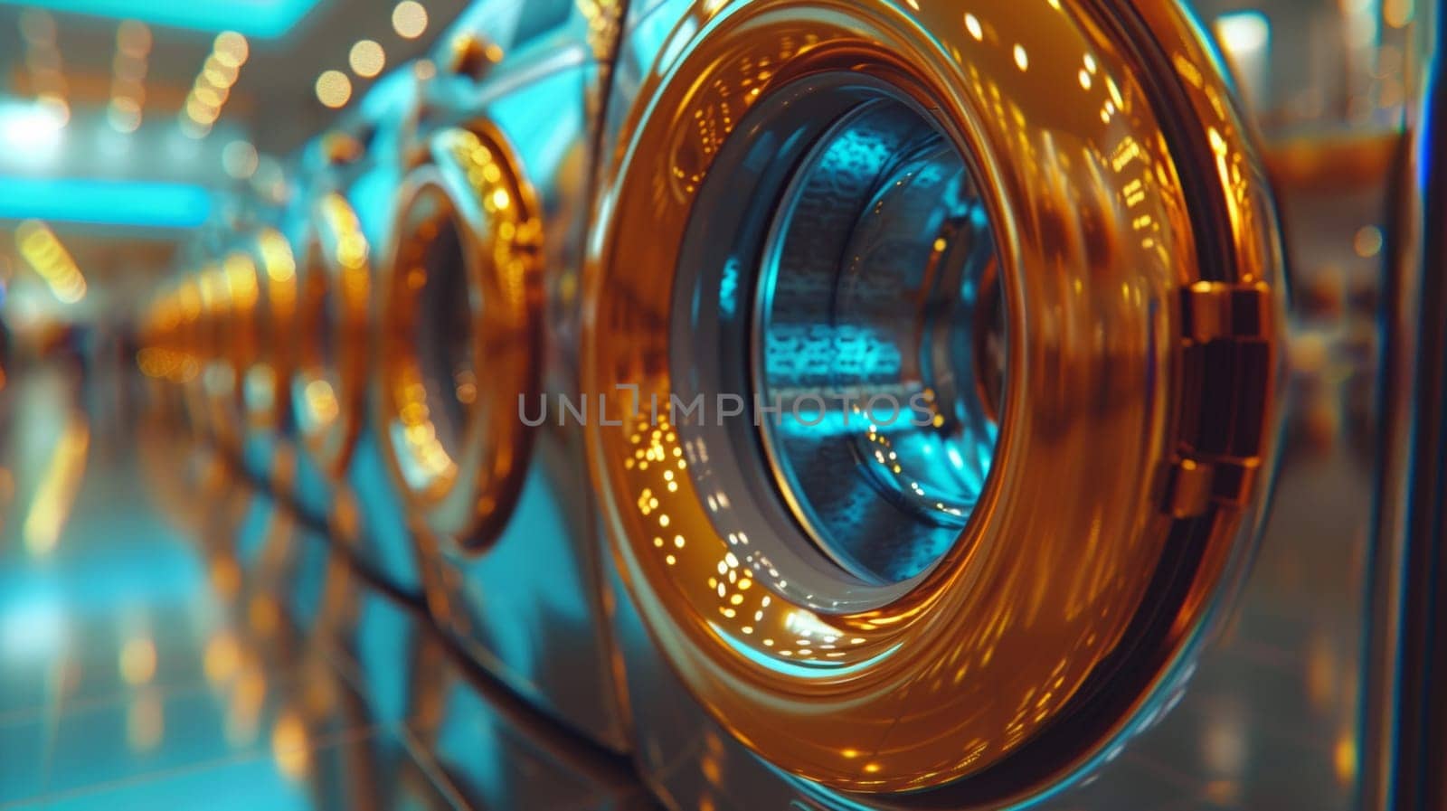 A row of shiny gold washing machines in a store