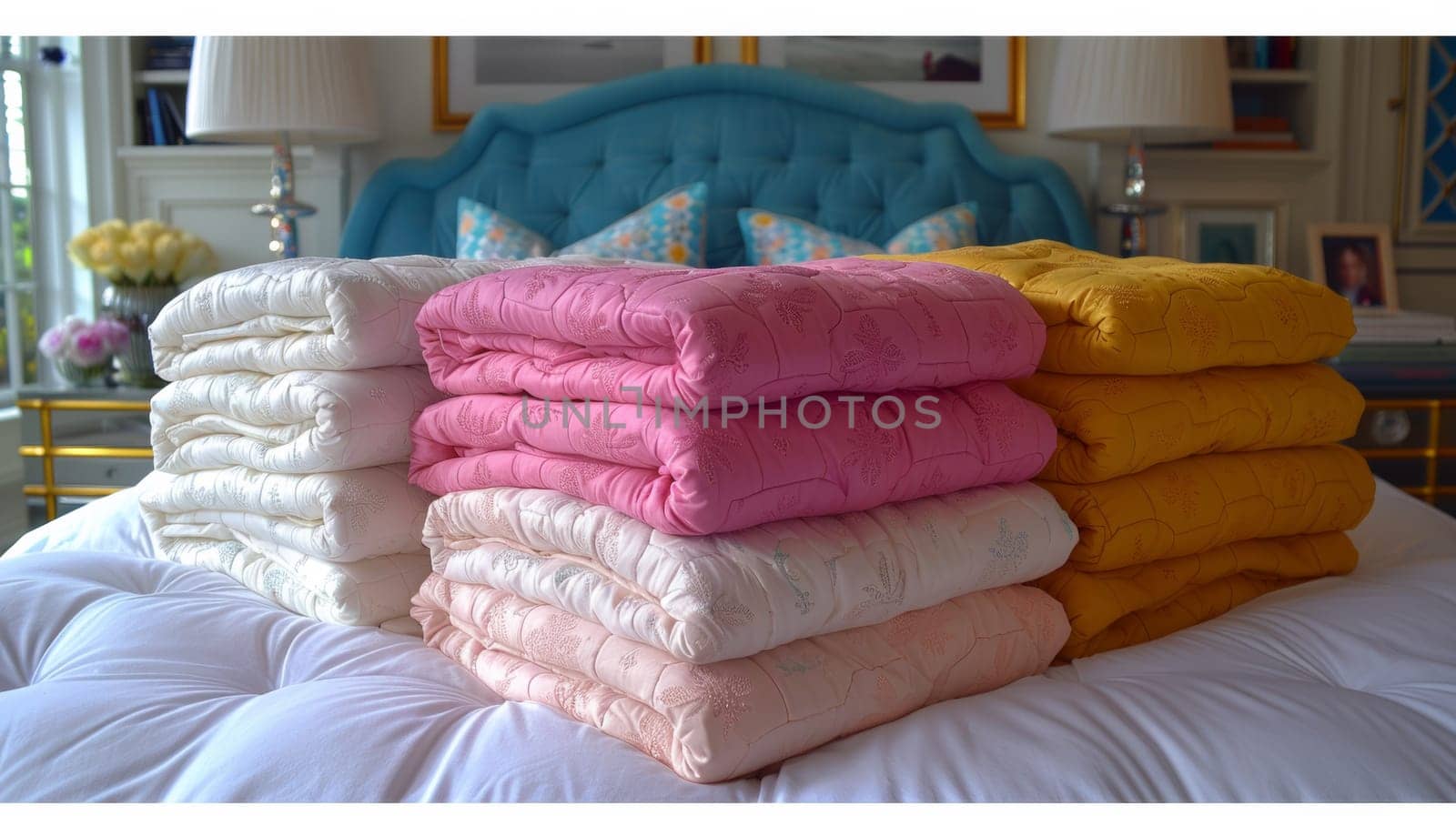 A stack of folded towels on a bed in front of blue and yellow pillows
