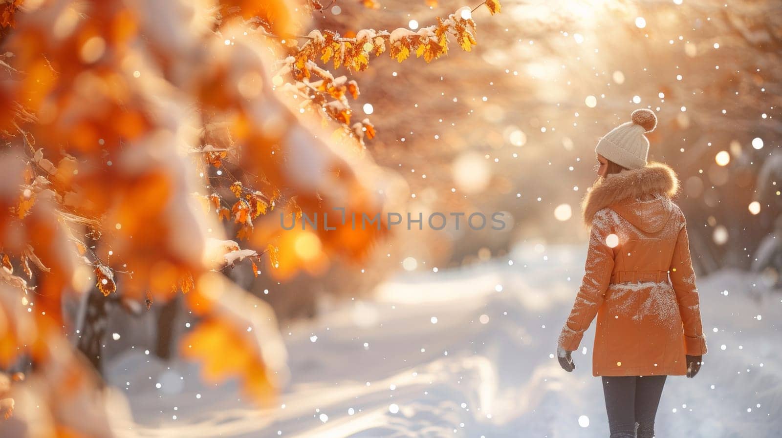 A woman walking down a snowy path in an orange coat